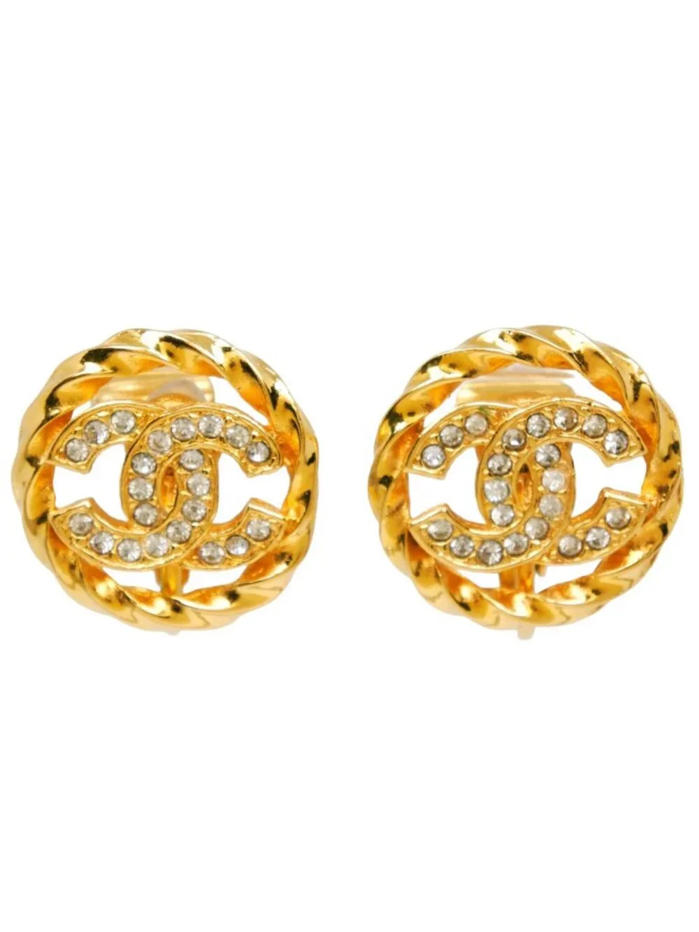 Chanel CC Logo Vintage Gold Plated Rhinestone Earrings